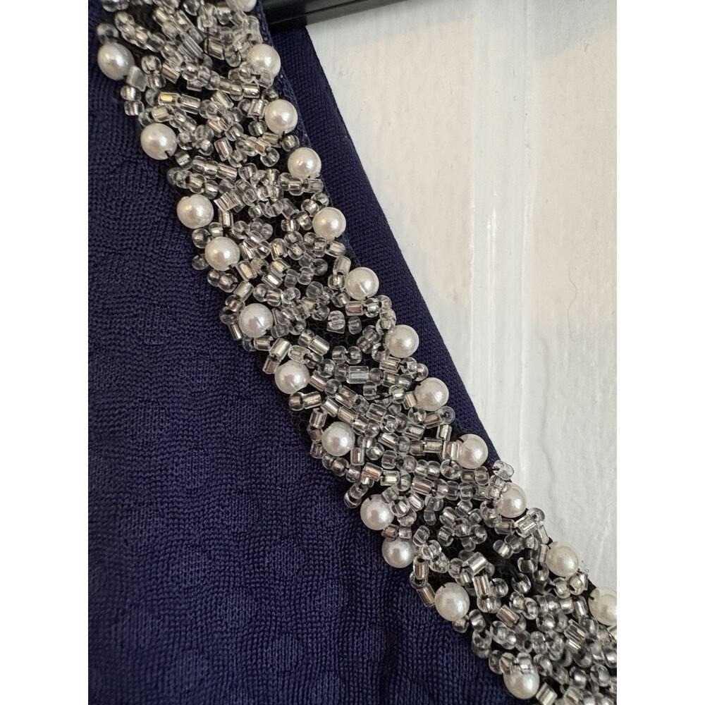 Charming Charlie Navy Blue Textured Fit & Flare Dress Beaded Pearl Neck Bow Med